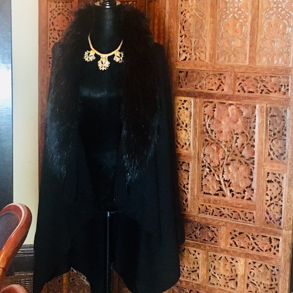 INC International Concepts Jackets & Blazers - INC Women's Black Faux-Fur-Collar Poncho Sweater